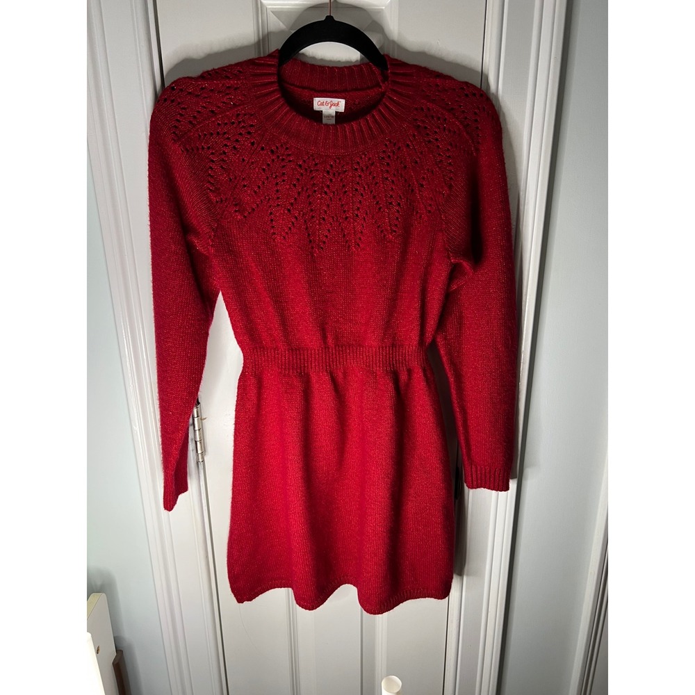 Cat & Jack Girls Red Metallic Pointelle Knit Sweater Dress L 10/12